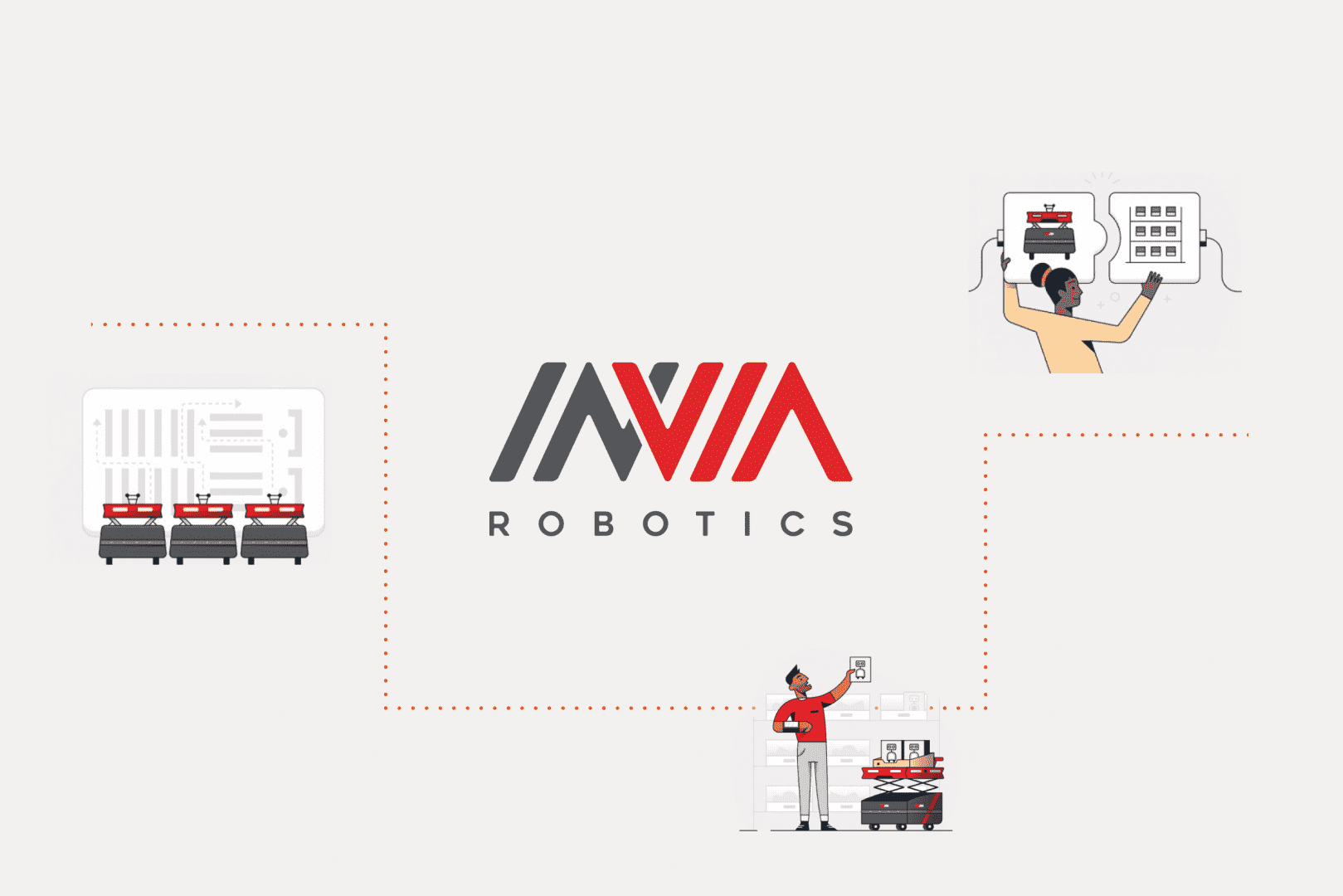 inVia Robotics logo and illustrations of workers using robots