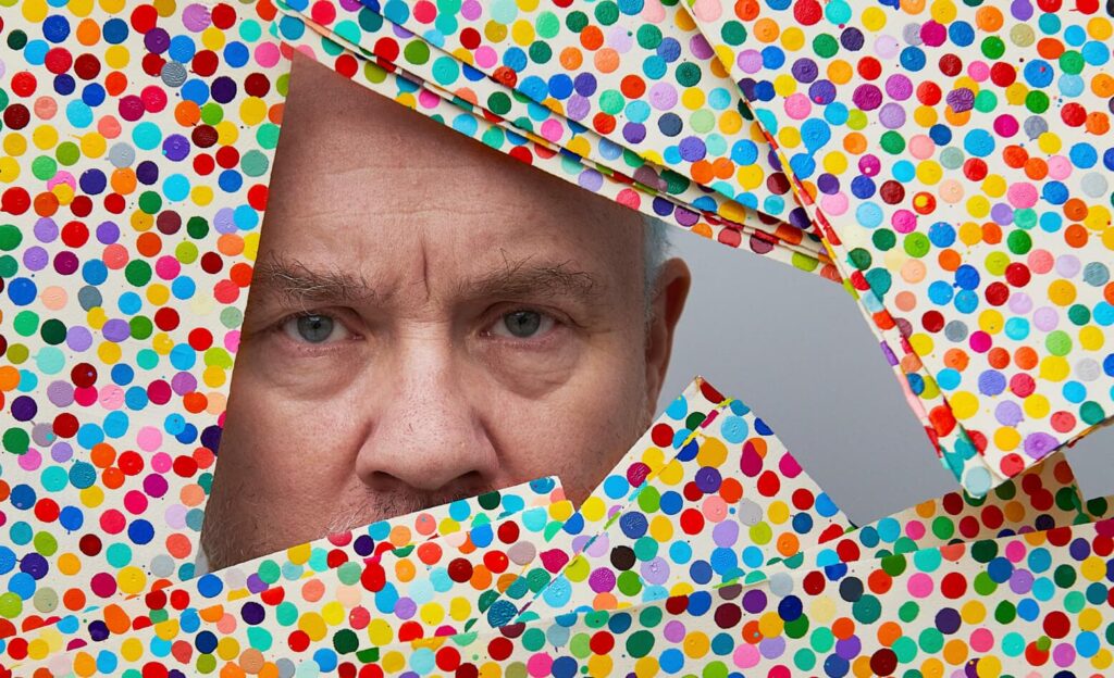 Artist Damien Hirst with The Currency artwork "Tenders"